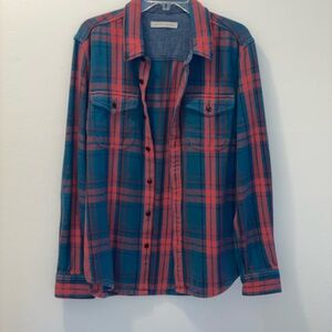Outerknown Teal and Coral Plaid Button-Down Shirt